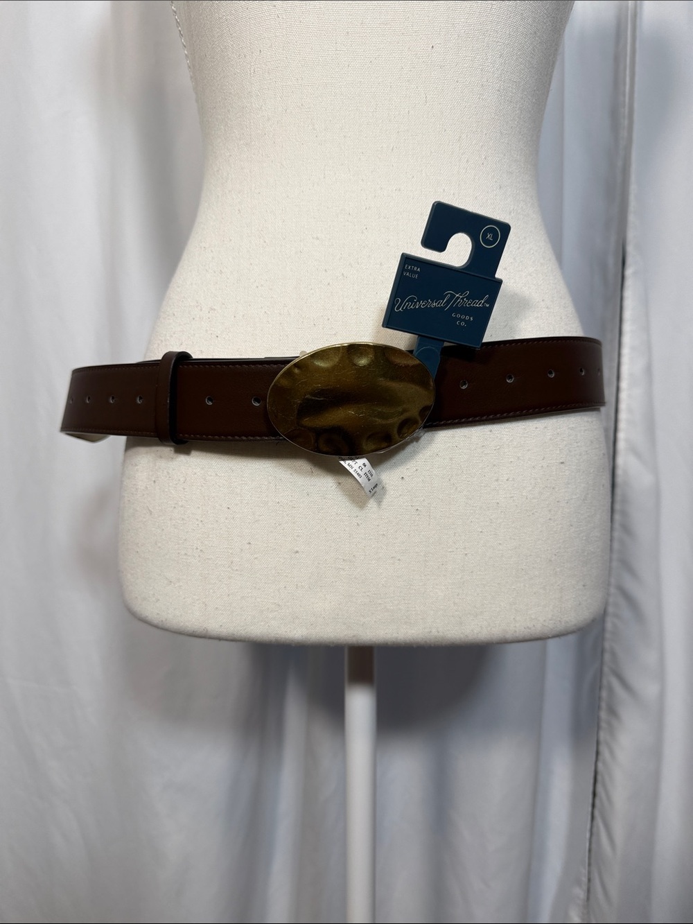 Universal Thread Dark Brown Leather Belt with Hammered Gold Oval Buckle
